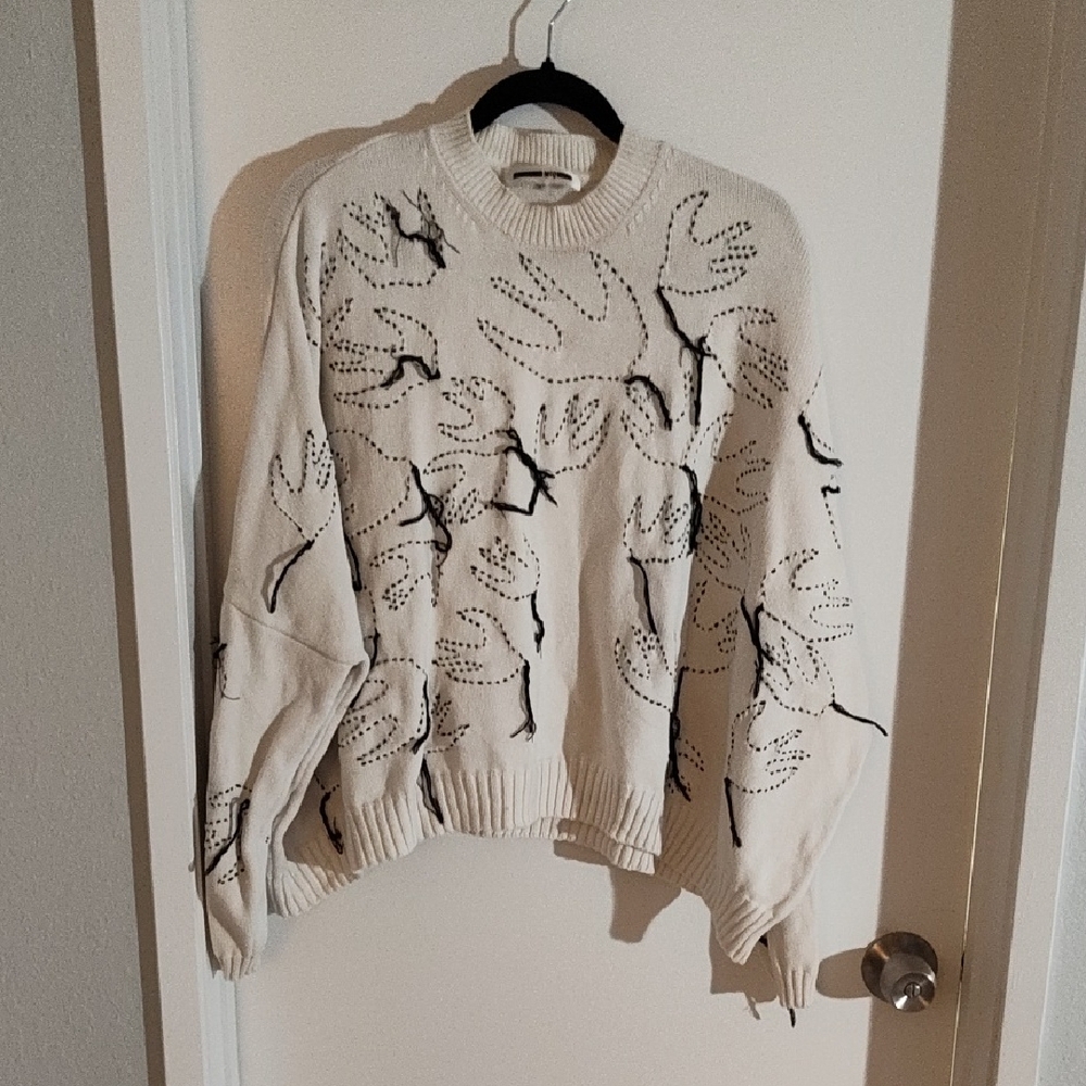 McQ by Alexander McQueen Ivory Sweater with Black Bird Pattern